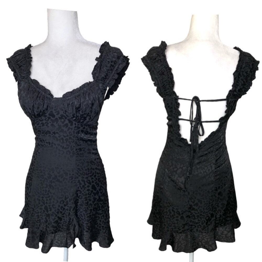 Reset Black Leopard Print Mini Dress Ruffle‎ Sweetheart Neckline LBD Y2K 90 | S